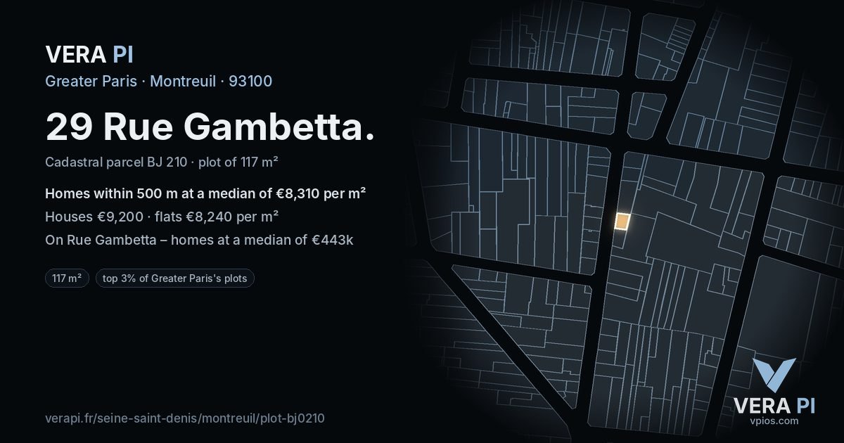 29 Rue Gambetta, Montreuil at night – the plot lit, the parcels around coloured by the prices near them