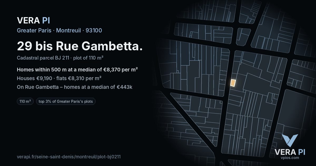 29 bis Rue Gambetta, Montreuil at night – the plot lit, the parcels around coloured by the prices near them