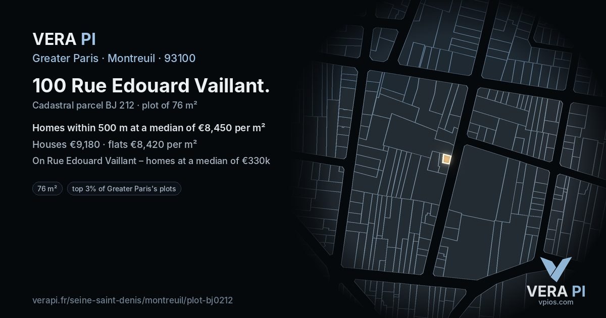 100 Rue Edouard Vaillant, Montreuil at night – the plot lit, the parcels around coloured by the prices near them