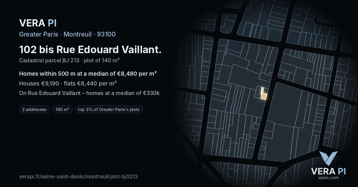 102 bis Rue Edouard Vaillant, Montreuil at night – the plot lit, the parcels around coloured by the prices near them