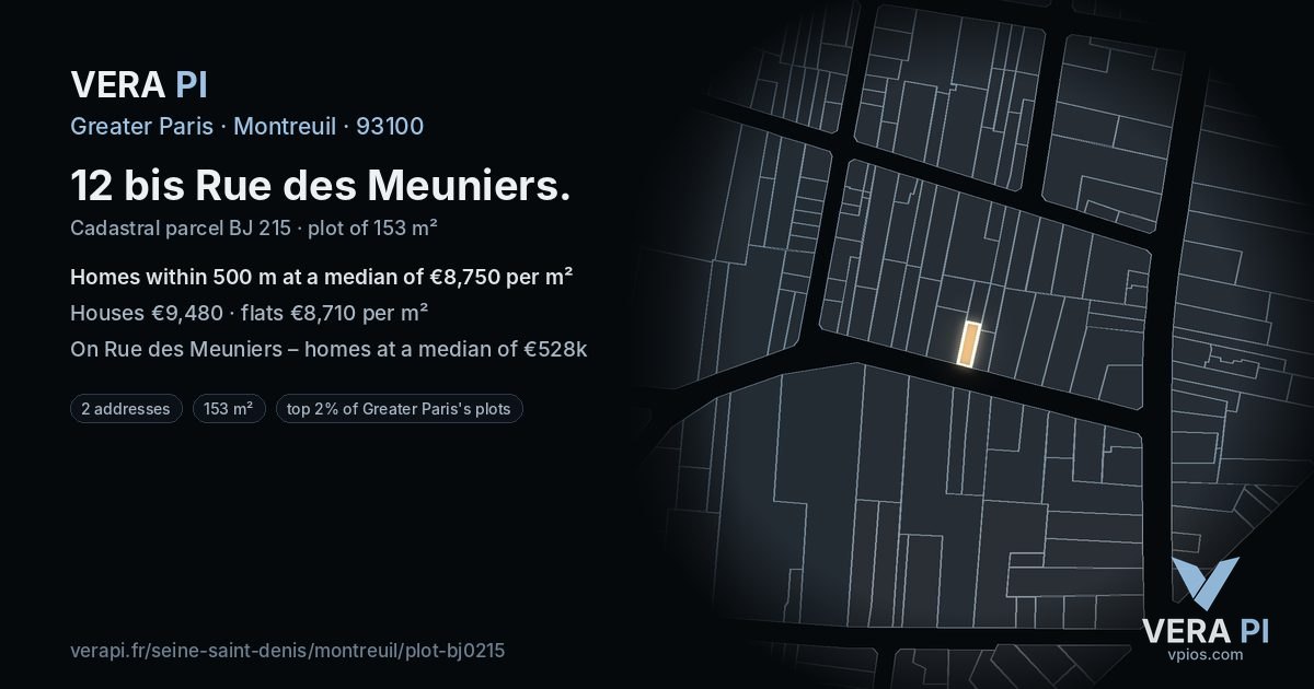 12 bis Rue des Meuniers, Montreuil at night – the plot lit, the parcels around coloured by the prices near them