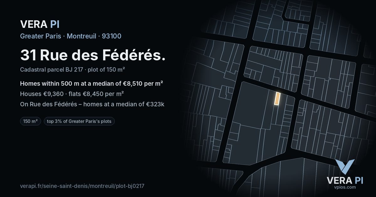 31 Rue des Fédérés, Montreuil at night – the plot lit, the parcels around coloured by the prices near them
