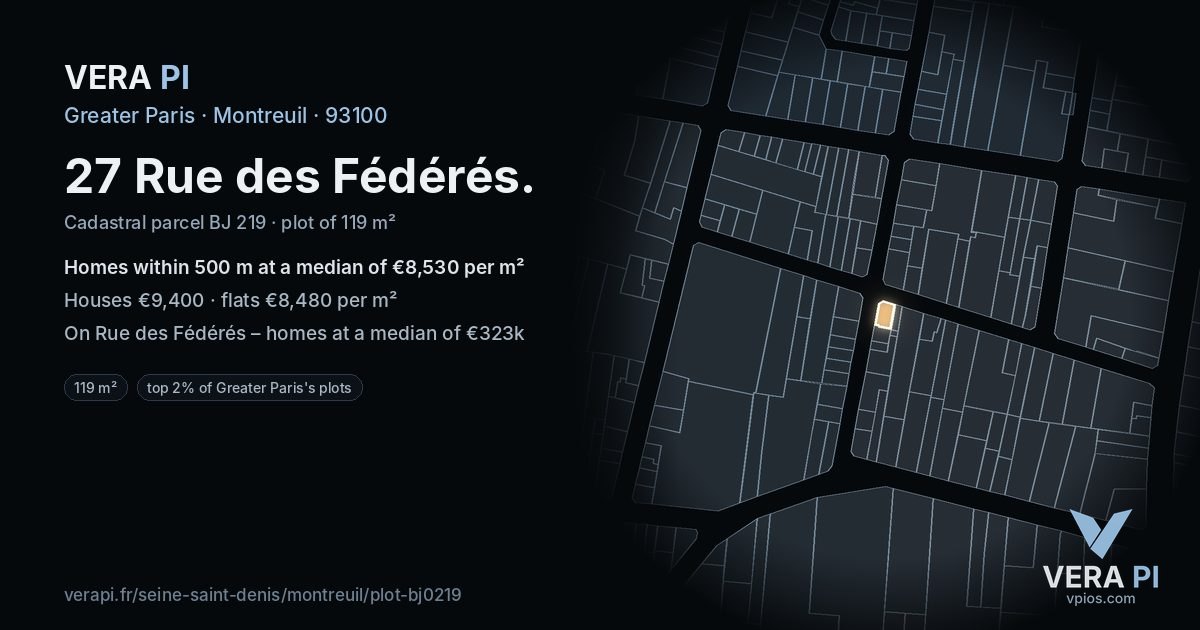 27 Rue des Fédérés, Montreuil at night – the plot lit, the parcels around coloured by the prices near them
