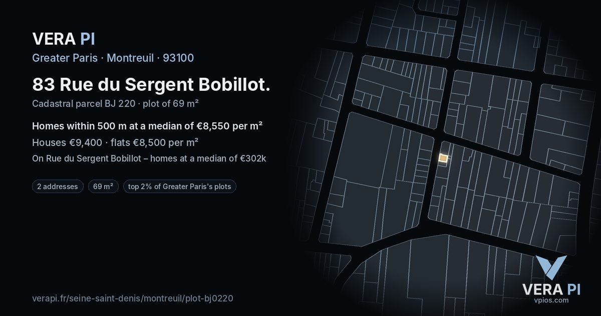 83 Rue du Sergent Bobillot, Montreuil at night – the plot lit, the parcels around coloured by the prices near them