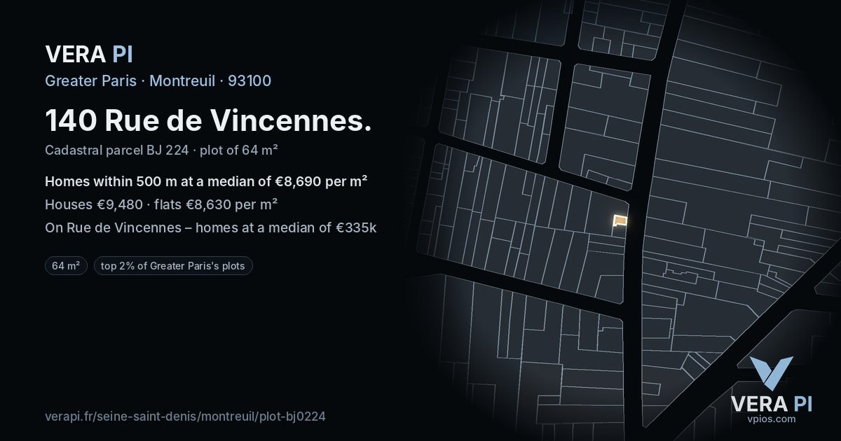 140 Rue de Vincennes, Montreuil at night – the plot lit, the parcels around coloured by the prices near them
