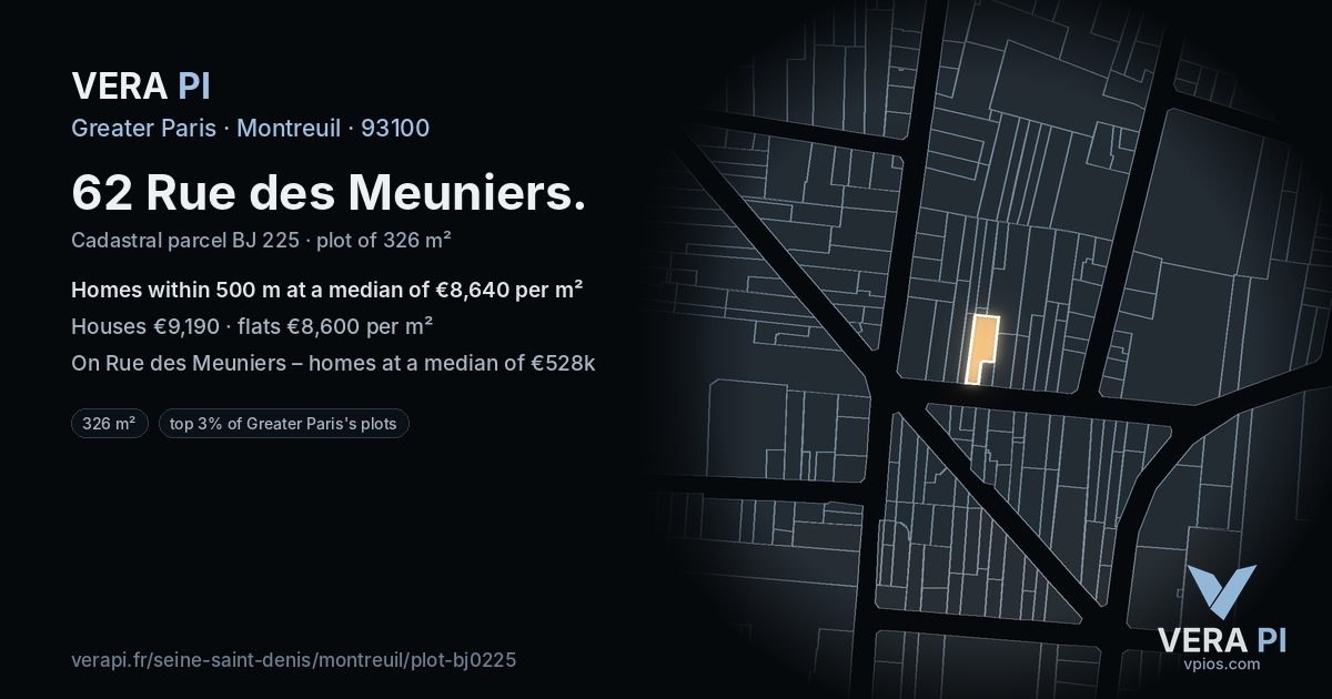 62 Rue des Meuniers, Montreuil at night – the plot lit, the parcels around coloured by the prices near them