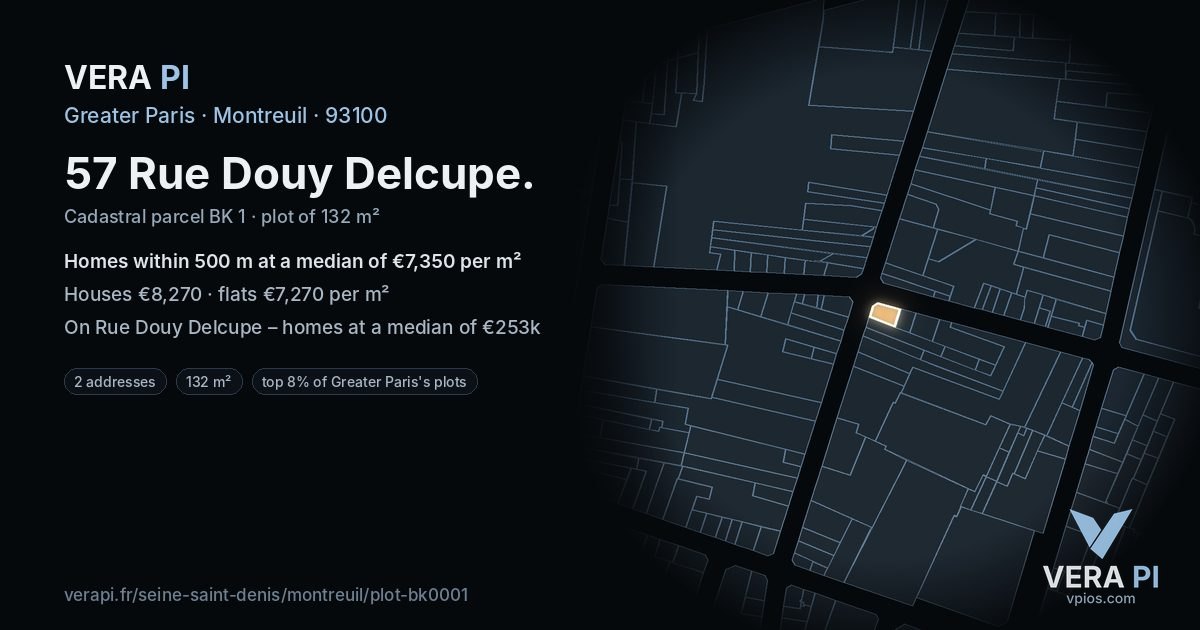 57 Rue Douy Delcupe, Montreuil at night – the plot lit, the parcels around coloured by the prices near them