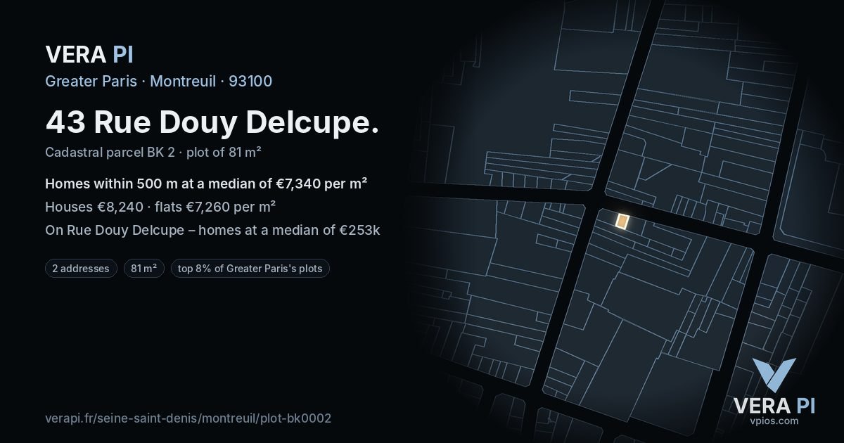 43 Rue Douy Delcupe, Montreuil at night – the plot lit, the parcels around coloured by the prices near them