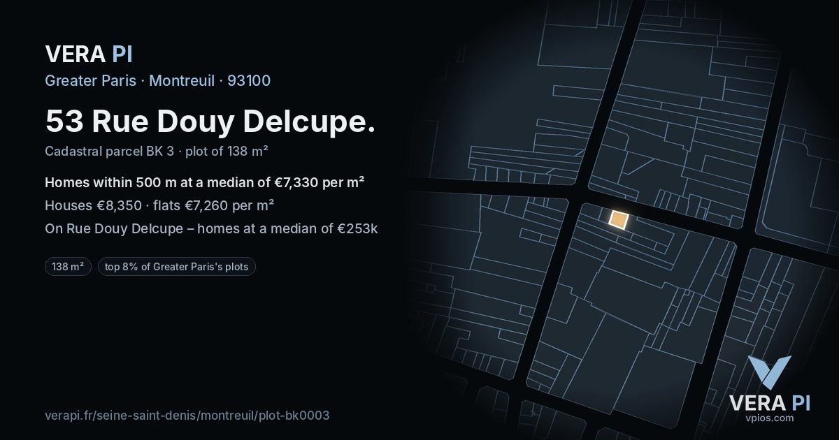 53 Rue Douy Delcupe, Montreuil at night – the plot lit, the parcels around coloured by the prices near them
