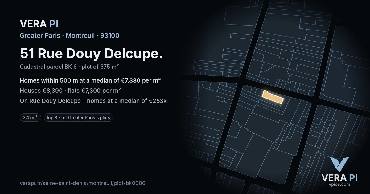 51 Rue Douy Delcupe, Montreuil at night – the plot lit, the parcels around coloured by the prices near them