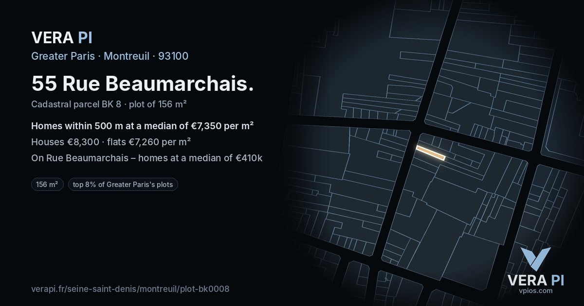 55 Rue Beaumarchais, Montreuil at night – the plot lit, the parcels around coloured by the prices near them