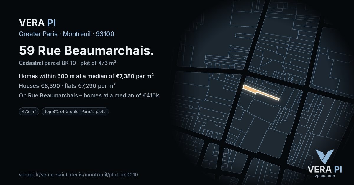 59 Rue Beaumarchais, Montreuil at night – the plot lit, the parcels around coloured by the prices near them