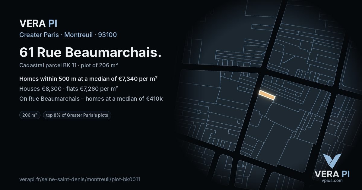 61 Rue Beaumarchais, Montreuil at night – the plot lit, the parcels around coloured by the prices near them
