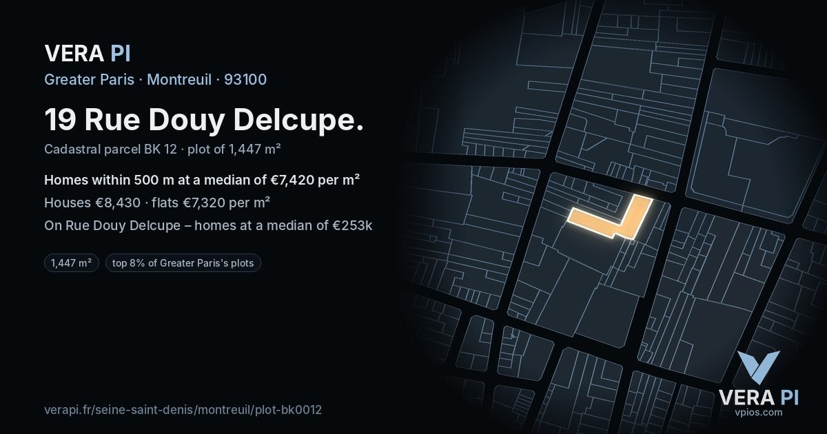 19 Rue Douy Delcupe, Montreuil at night – the plot lit, the parcels around coloured by the prices near them