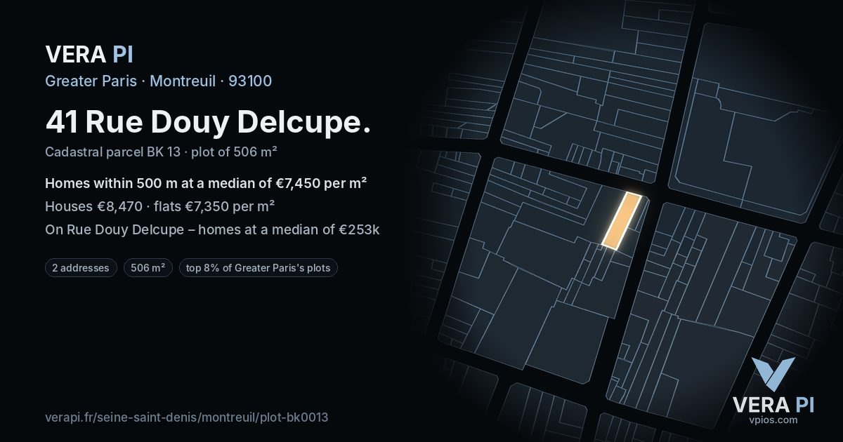 41 Rue Douy Delcupe, Montreuil at night – the plot lit, the parcels around coloured by the prices near them