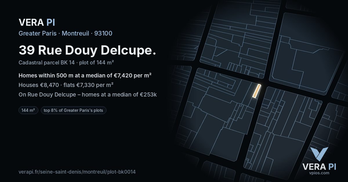 39 Rue Douy Delcupe, Montreuil at night – the plot lit, the parcels around coloured by the prices near them