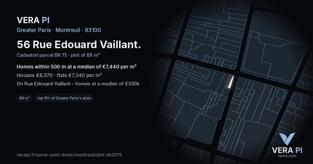 56 Rue Edouard Vaillant, Montreuil at night – the plot lit, the parcels around coloured by the prices near them