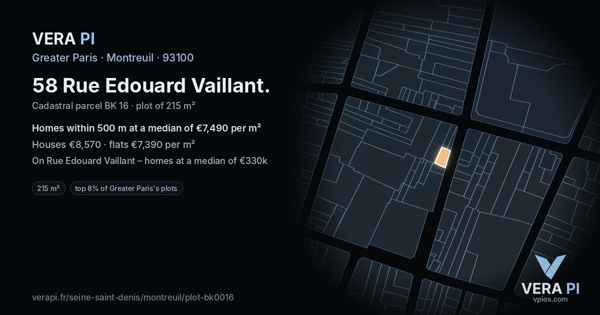 58 Rue Edouard Vaillant, Montreuil at night – the plot lit, the parcels around coloured by the prices near them