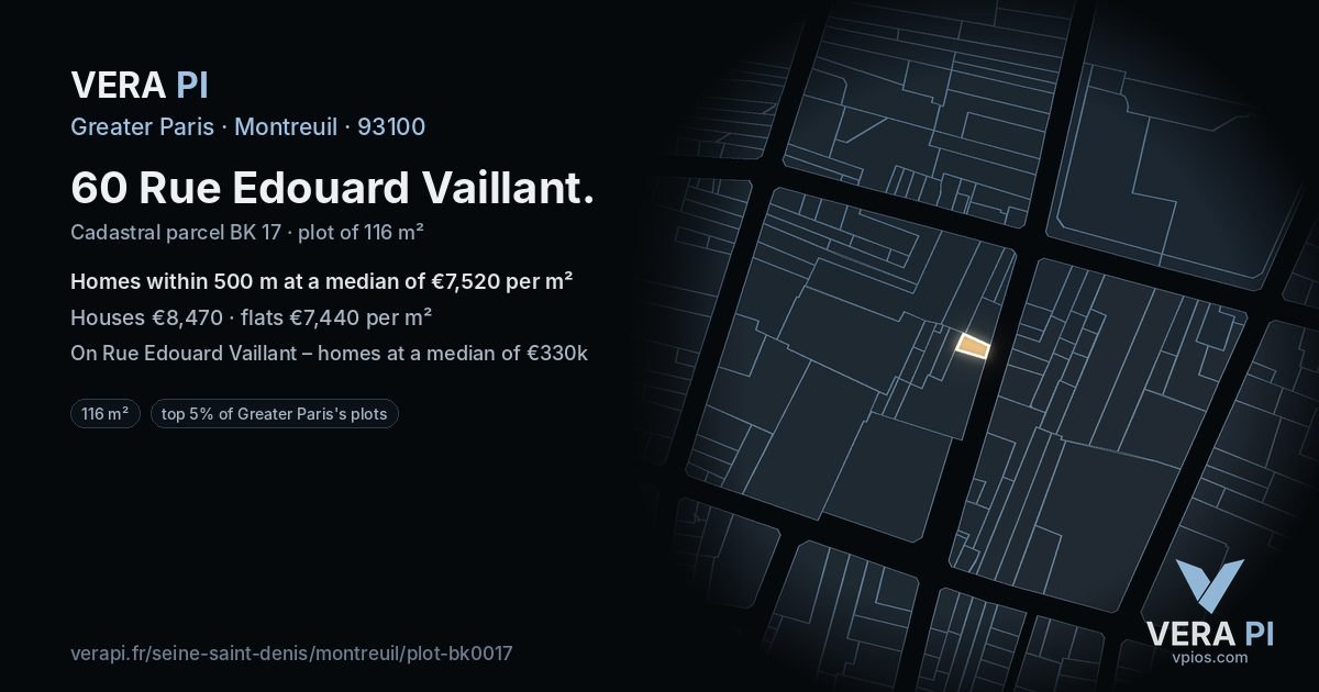 60 Rue Edouard Vaillant, Montreuil at night – the plot lit, the parcels around coloured by the prices near them