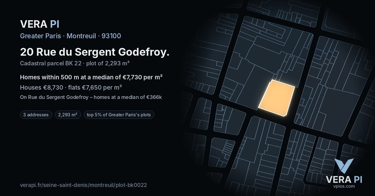 20 Rue du Sergent Godefroy, Montreuil at night – the plot lit, the parcels around coloured by the prices near them