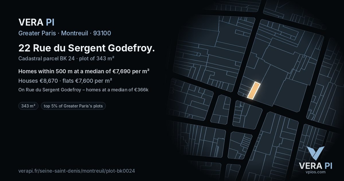 22 Rue du Sergent Godefroy, Montreuil at night – the plot lit, the parcels around coloured by the prices near them