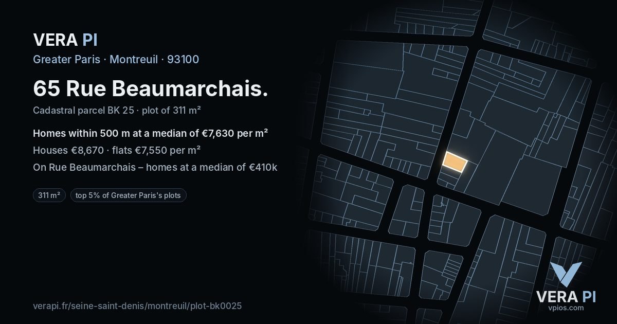 65 Rue Beaumarchais, Montreuil at night – the plot lit, the parcels around coloured by the prices near them