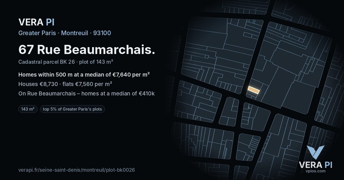 67 Rue Beaumarchais, Montreuil at night – the plot lit, the parcels around coloured by the prices near them