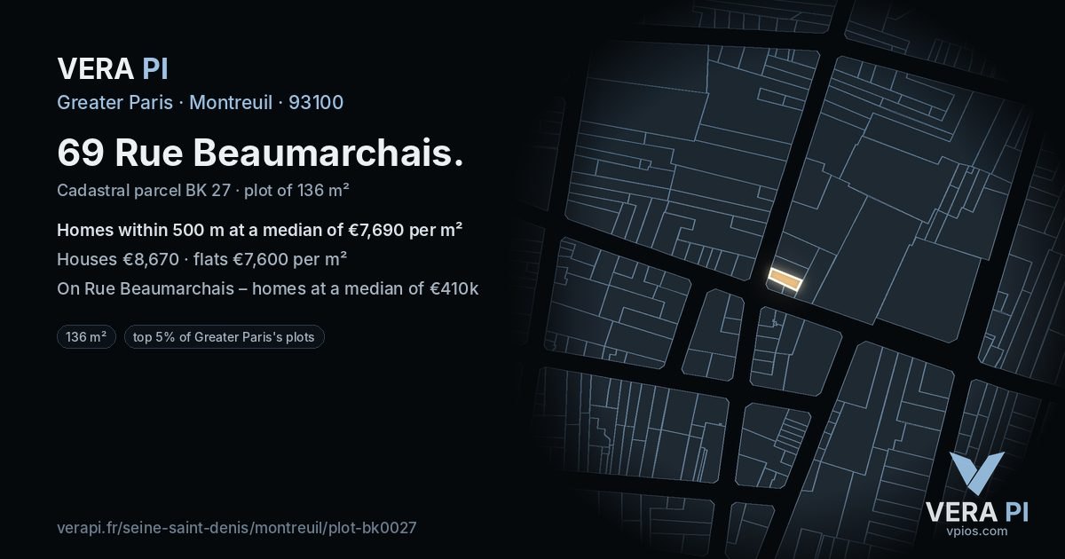 69 Rue Beaumarchais, Montreuil at night – the plot lit, the parcels around coloured by the prices near them
