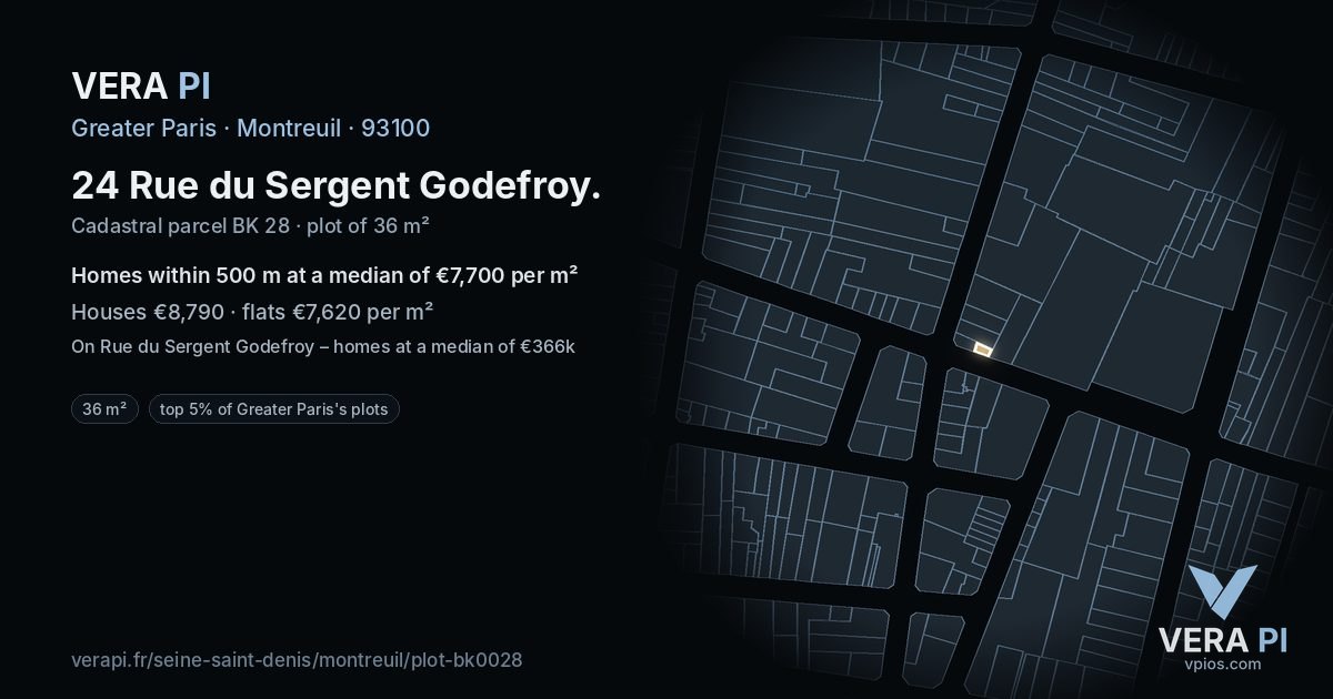 24 Rue du Sergent Godefroy, Montreuil at night – the plot lit, the parcels around coloured by the prices near them