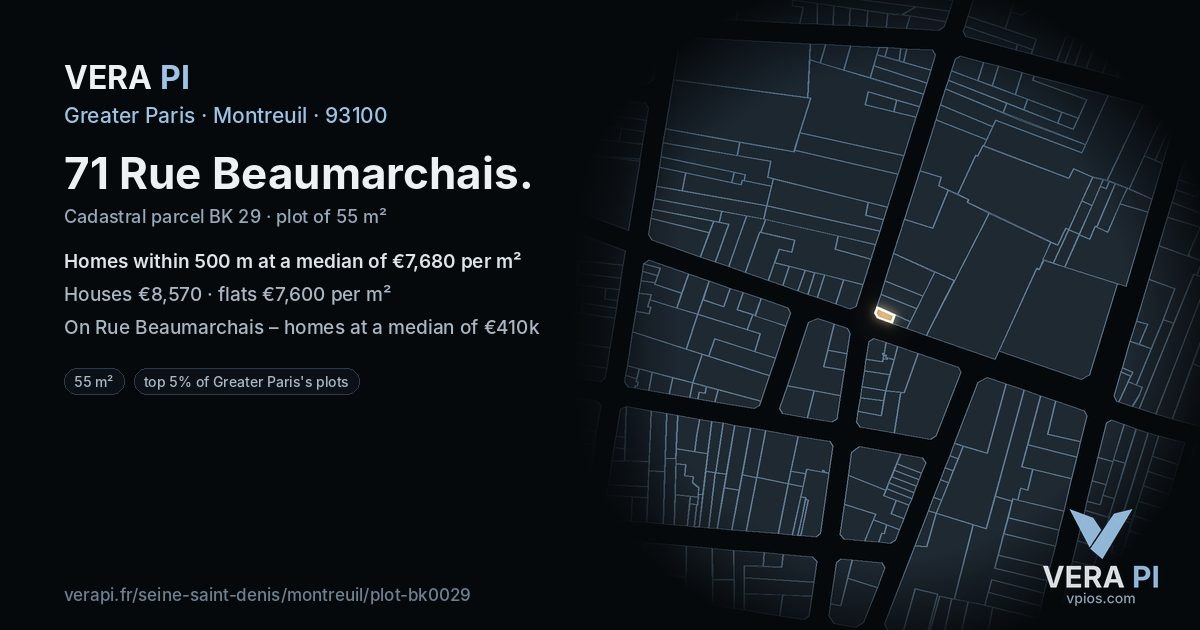 71 Rue Beaumarchais, Montreuil at night – the plot lit, the parcels around coloured by the prices near them
