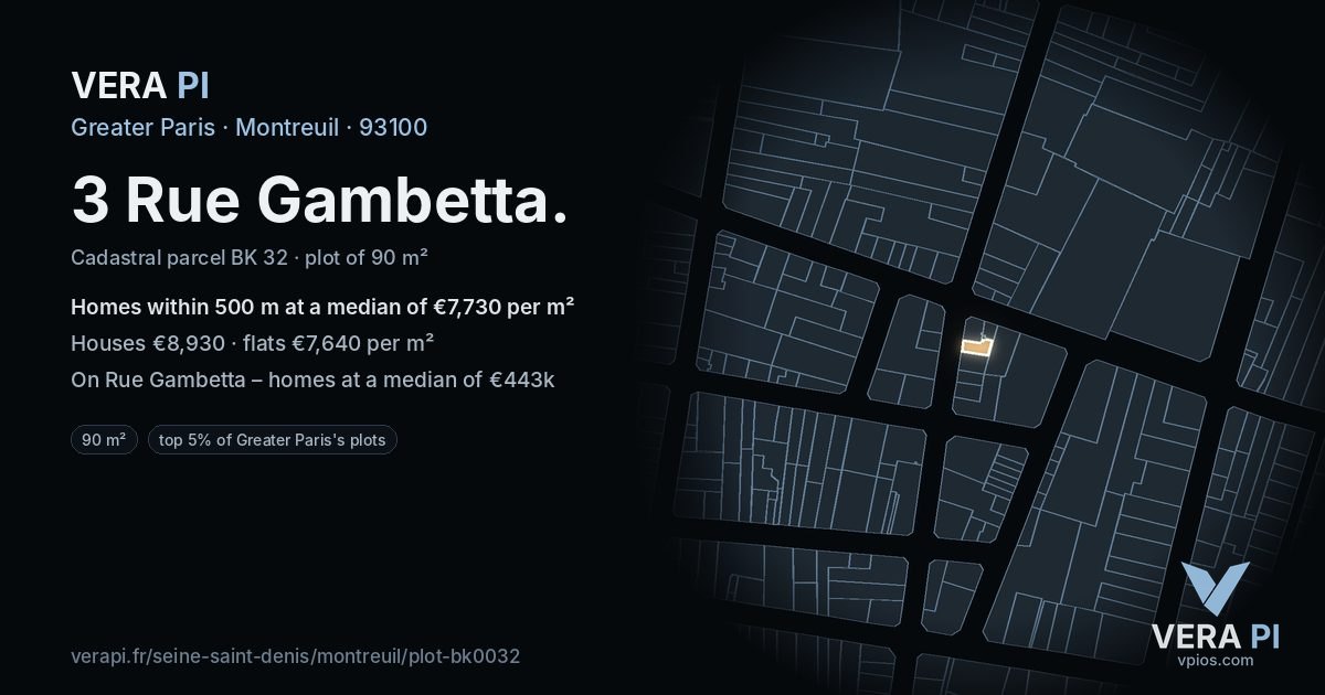 3 Rue Gambetta, Montreuil at night – the plot lit, the parcels around coloured by the prices near them