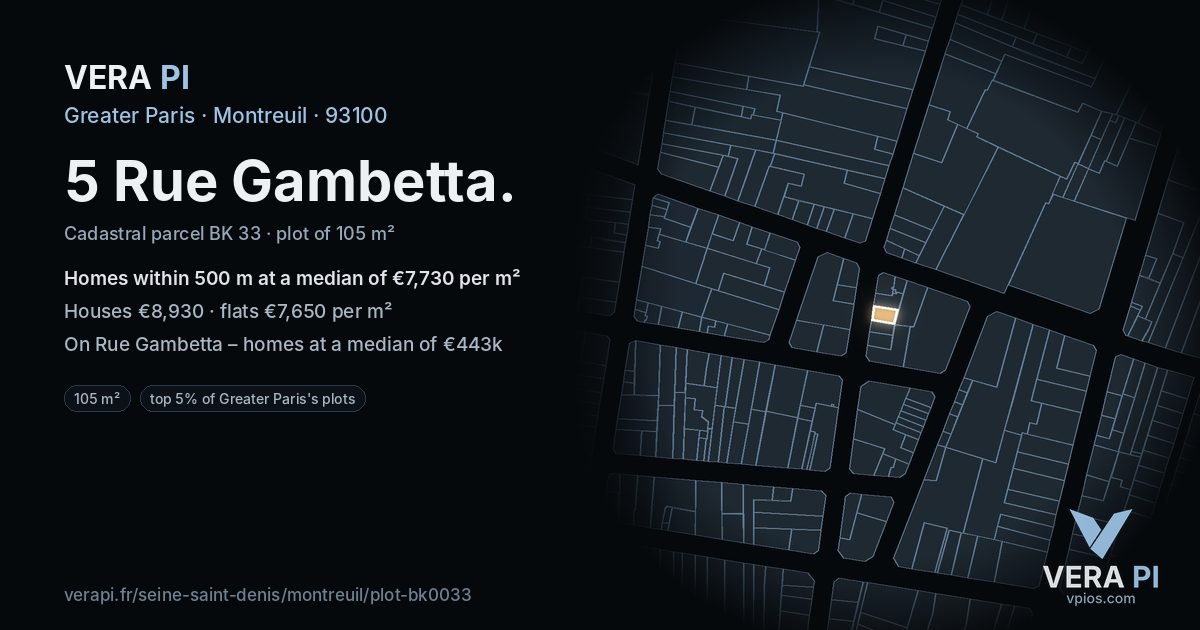 5 Rue Gambetta, Montreuil at night – the plot lit, the parcels around coloured by the prices near them