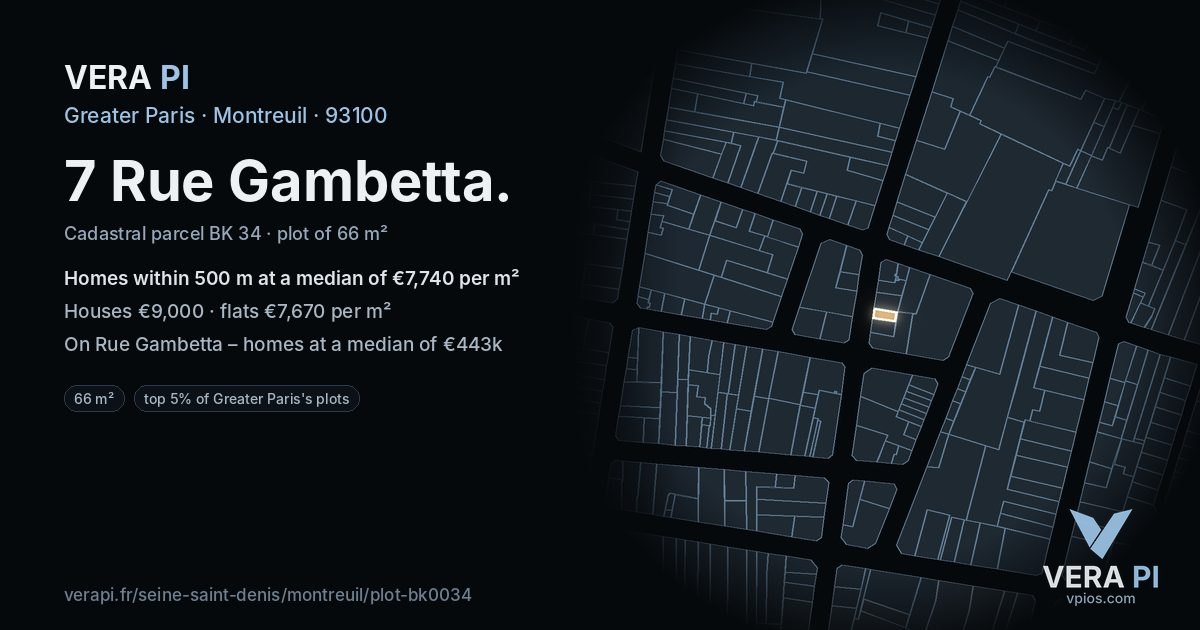 7 Rue Gambetta, Montreuil at night – the plot lit, the parcels around coloured by the prices near them
