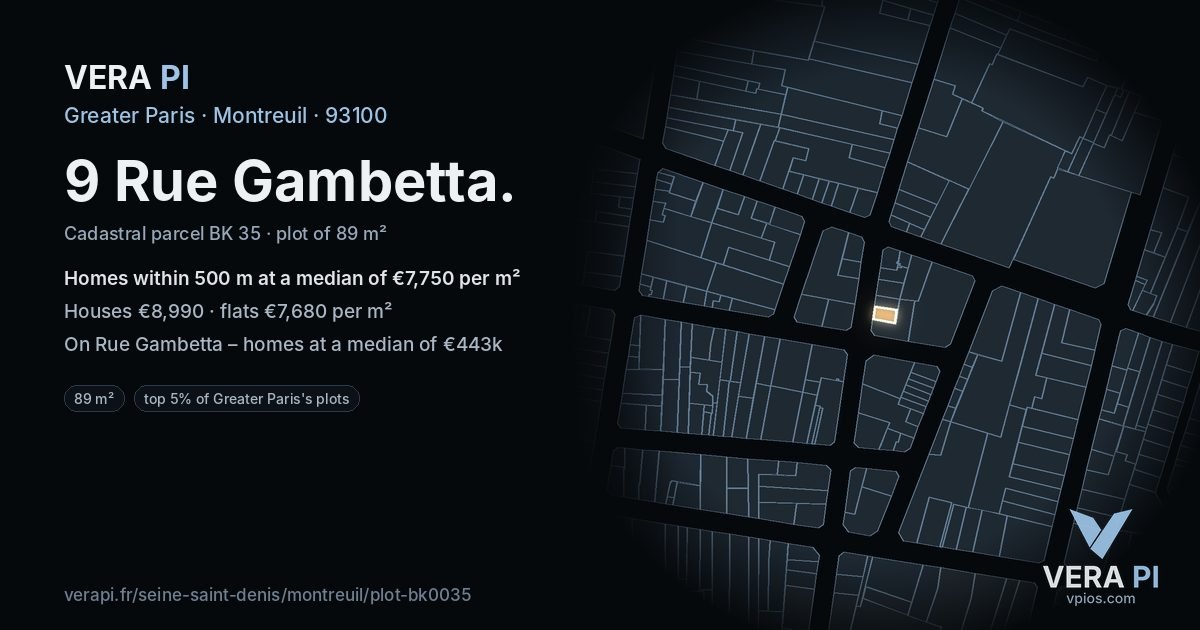 9 Rue Gambetta, Montreuil at night – the plot lit, the parcels around coloured by the prices near them