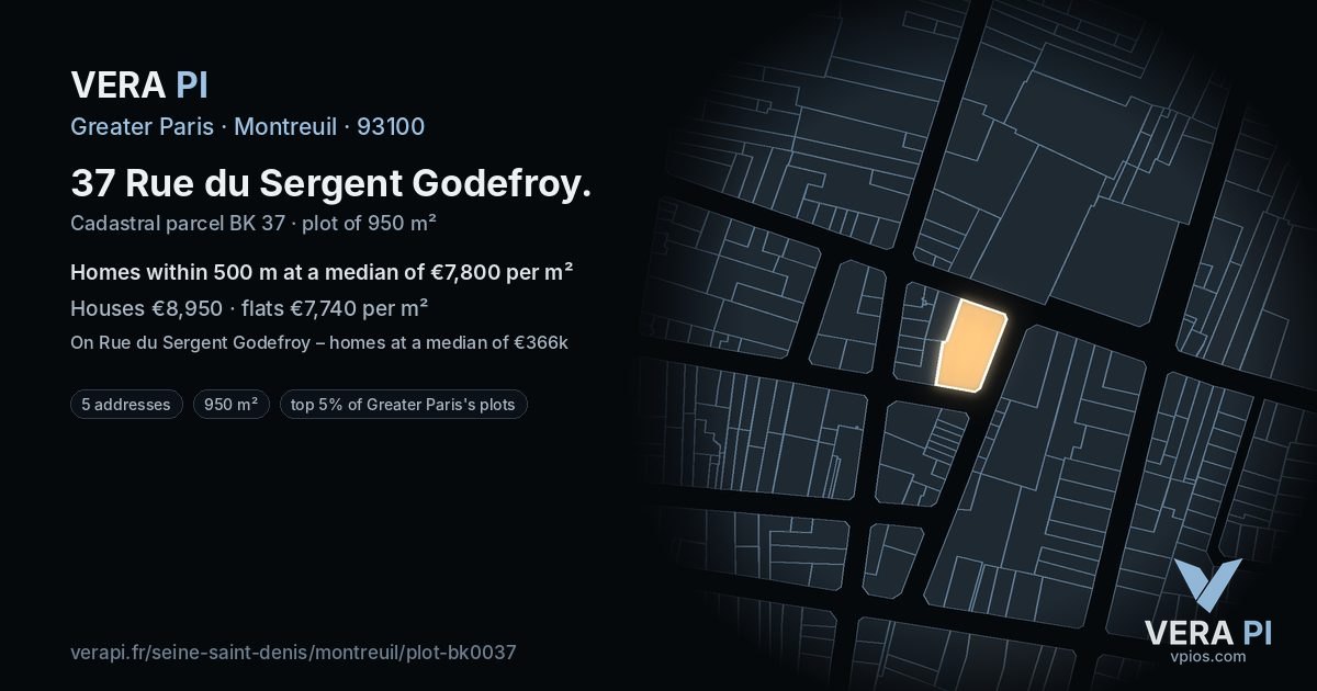 37 Rue du Sergent Godefroy, Montreuil at night – the plot lit, the parcels around coloured by the prices near them