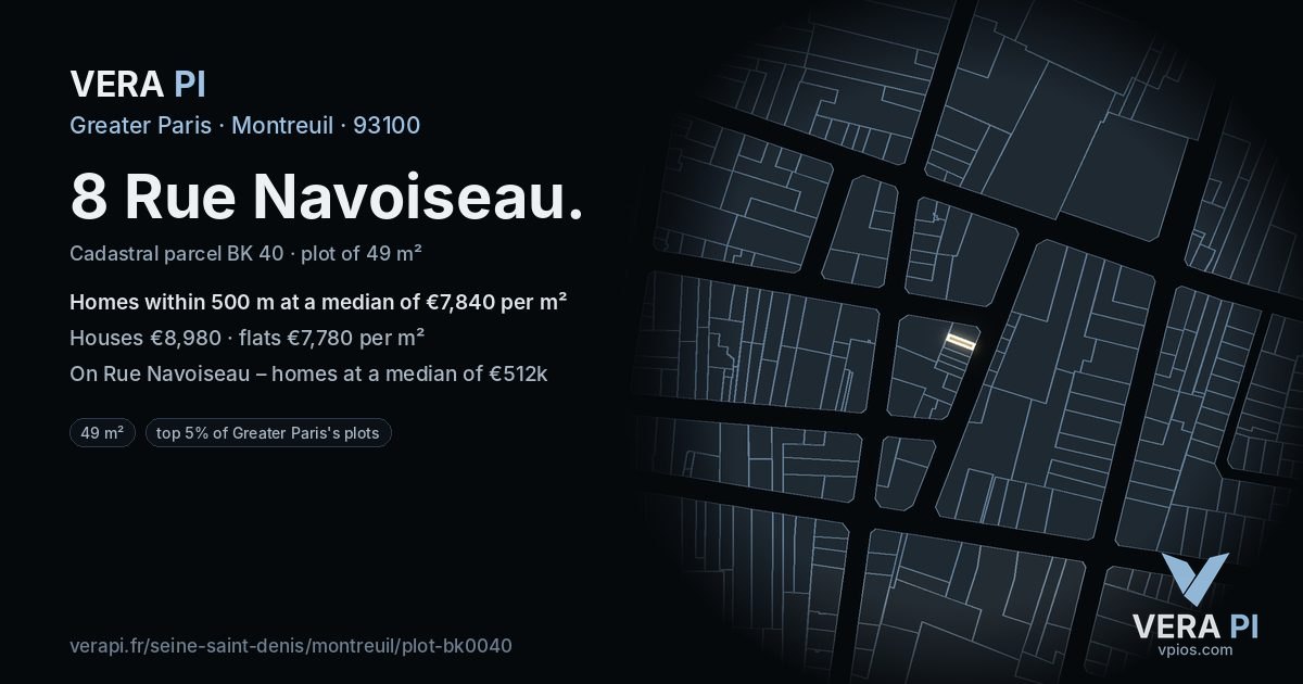 8 Rue Navoiseau, Montreuil at night – the plot lit, the parcels around coloured by the prices near them