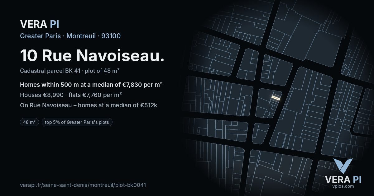 10 Rue Navoiseau, Montreuil at night – the plot lit, the parcels around coloured by the prices near them