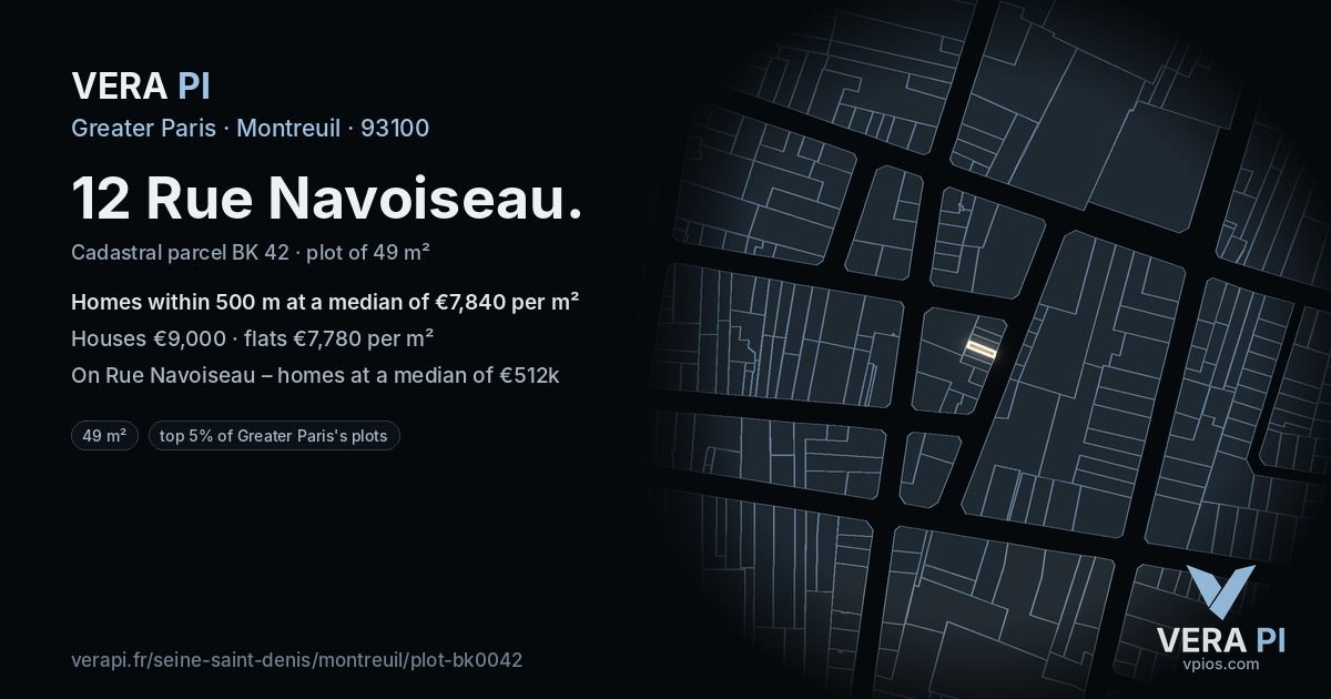 12 Rue Navoiseau, Montreuil at night – the plot lit, the parcels around coloured by the prices near them
