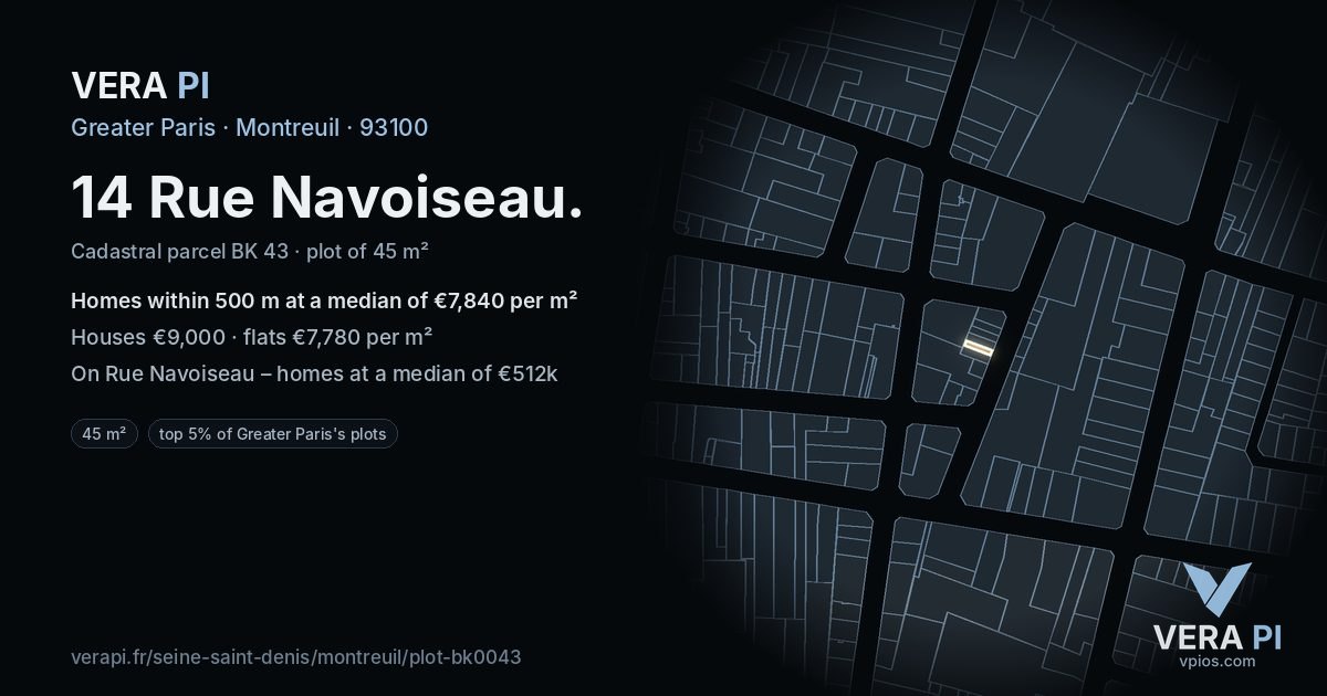 14 Rue Navoiseau, Montreuil at night – the plot lit, the parcels around coloured by the prices near them