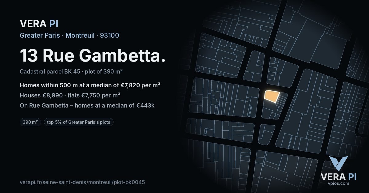 13 Rue Gambetta, Montreuil at night – the plot lit, the parcels around coloured by the prices near them