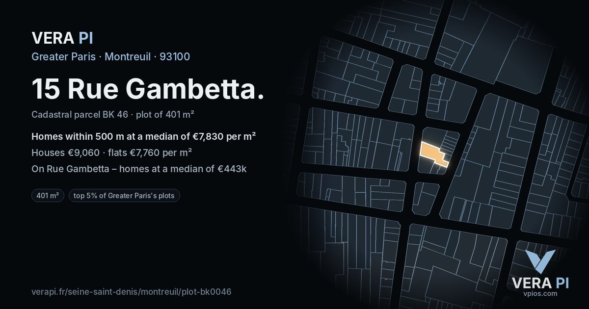 15 Rue Gambetta, Montreuil at night – the plot lit, the parcels around coloured by the prices near them