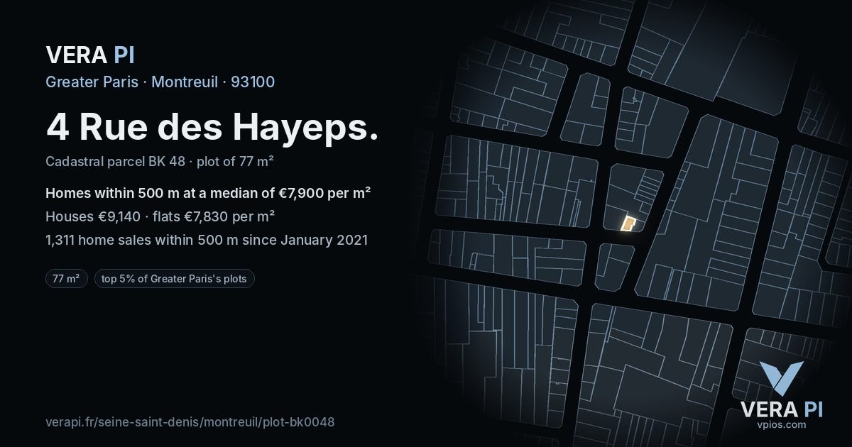 4 Rue des Hayeps, Montreuil at night – the plot lit, the parcels around coloured by the prices near them