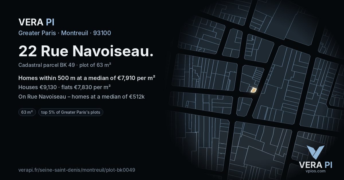 22 Rue Navoiseau, Montreuil at night – the plot lit, the parcels around coloured by the prices near them