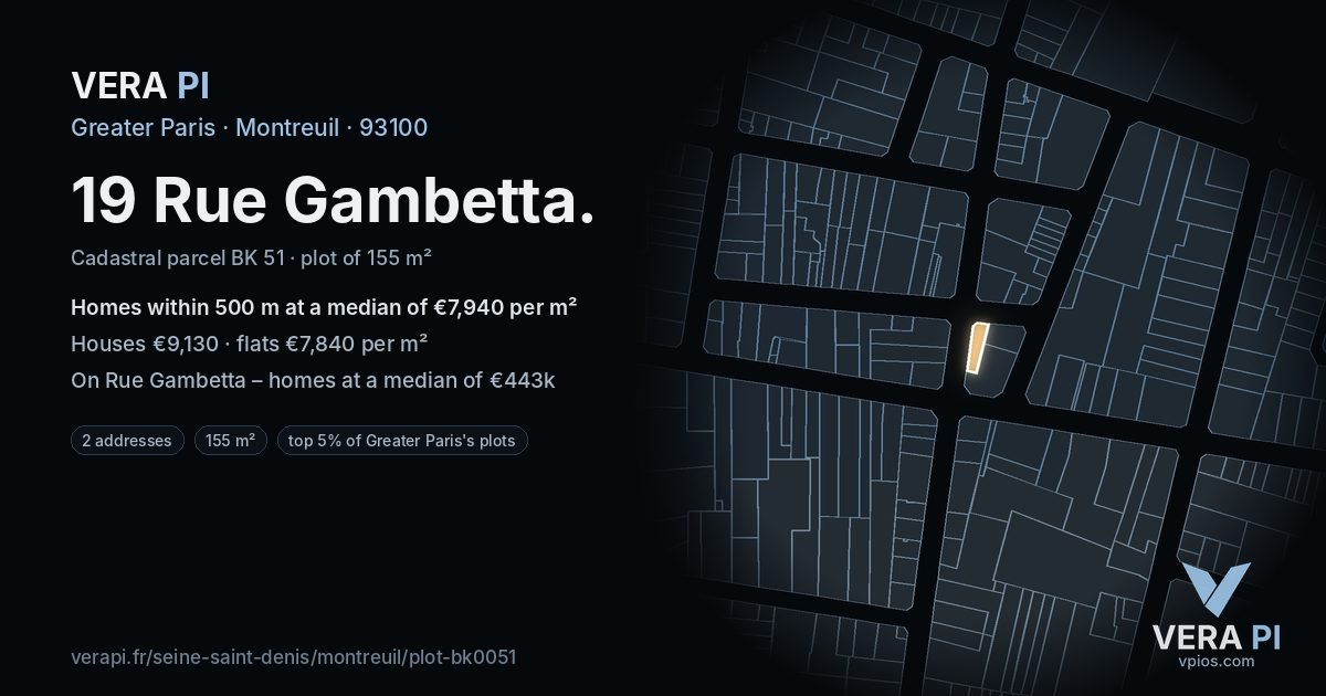 19 Rue Gambetta, Montreuil at night – the plot lit, the parcels around coloured by the prices near them