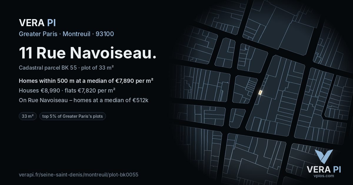 11 Rue Navoiseau, Montreuil at night – the plot lit, the parcels around coloured by the prices near them
