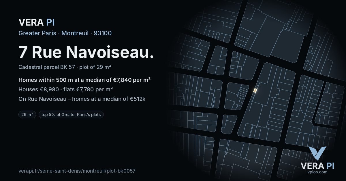 7 Rue Navoiseau, Montreuil at night – the plot lit, the parcels around coloured by the prices near them