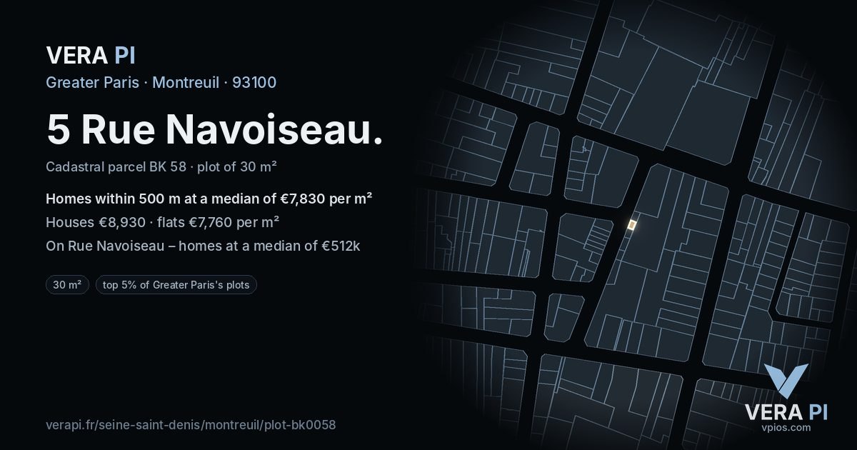 5 Rue Navoiseau, Montreuil at night – the plot lit, the parcels around coloured by the prices near them