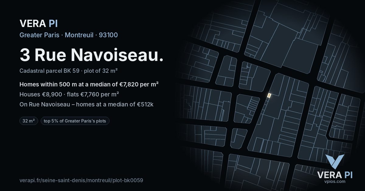 3 Rue Navoiseau, Montreuil at night – the plot lit, the parcels around coloured by the prices near them