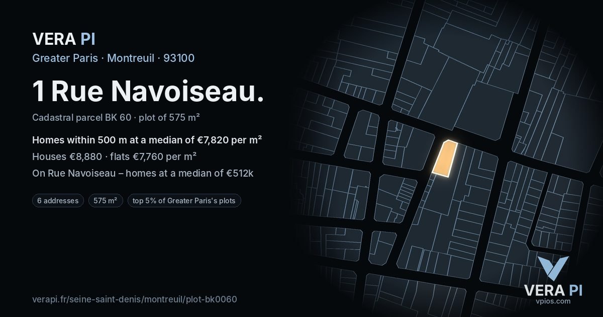1 Rue Navoiseau, Montreuil at night – the plot lit, the parcels around coloured by the prices near them