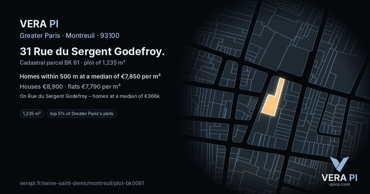 31 Rue du Sergent Godefroy, Montreuil at night – the plot lit, the parcels around coloured by the prices near them
